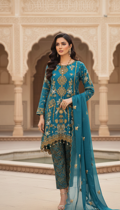 BLOSSOM CHIFFON EMBROIDERED BACKTAIL FROCK MMG-831