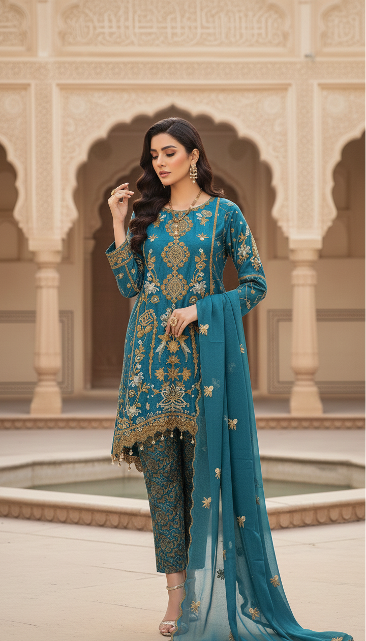 BLOSSOM CHIFFON EMBROIDERED BACKTAIL FROCK MMG-831