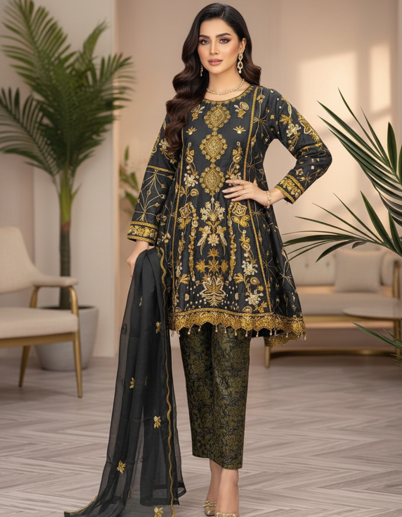 BLOSSOM CHIFFON EMBROIDERED BACKTAIL FROCK MMG-831