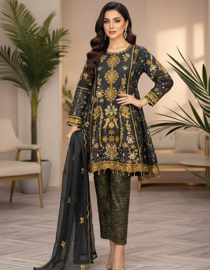 BLOSSOM CHIFFON EMBROIDERED BACKTAIL FROCK MMG-831