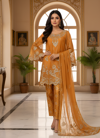 ZAREEHA|3-PIECE CHIFFON EMBRODIERED HANDWORK FROCK ORANGE MMG-843