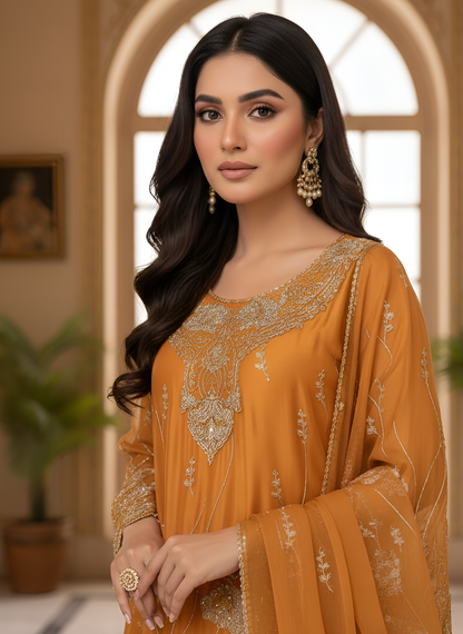 ZAREEHA|3-PIECE CHIFFON EMBRODIERED HANDWORK FROCK ORANGE MMG-843