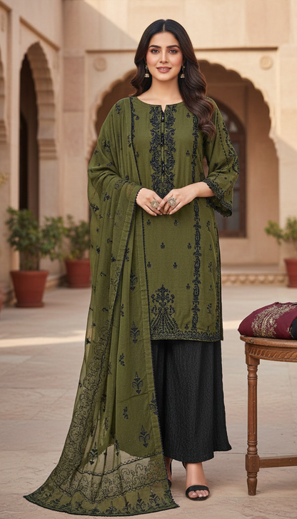 HALEEMA|CHIFFON EMB HANDWORK KURTA SET BLACK MMG-915