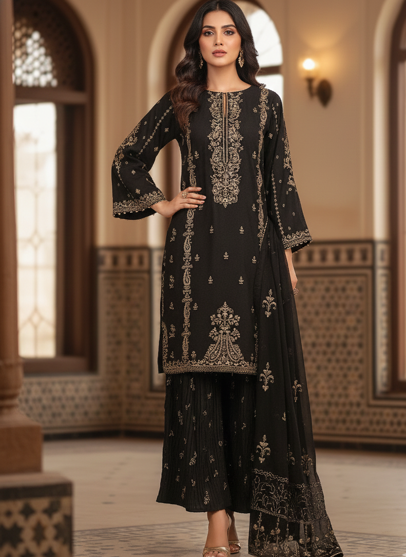 HALEEMA|CHIFFON EMB HANDWORK KURTA SET BLACK MMG-915