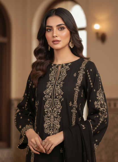 HALEEMA|CHIFFON EMB HANDWORK KURTA SET BLACK MMG-915
