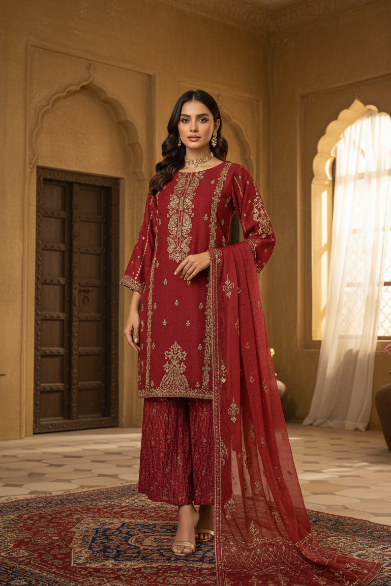 HALEEMA|CHIFFON EMB HANDWORK KURTA SET BLACK MMG-915