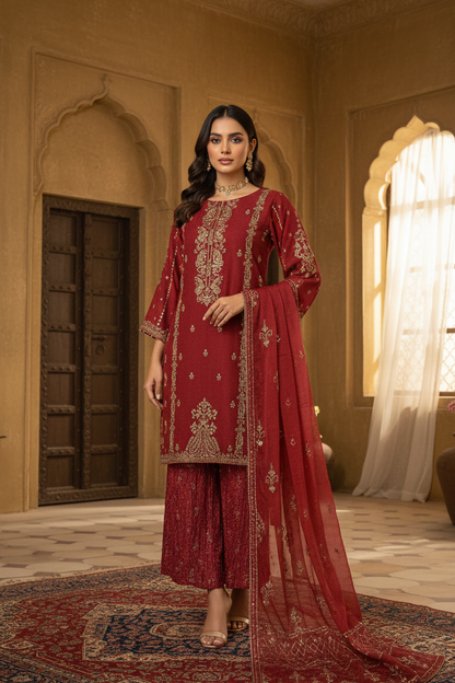 HALEEMA|CHIFFON EMB HANDWORK KURTA SET BLACK MMG-915