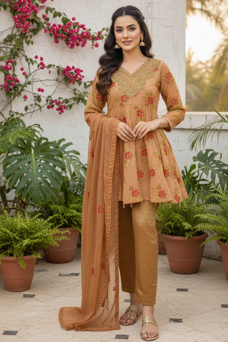 MEHNAZ 3-PIECE EMBROIDERED FROCK MMG-881