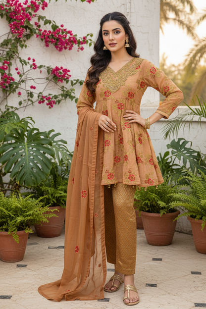 MEHNAZ 3-PIECE EMBROIDERED FROCK MMG-881