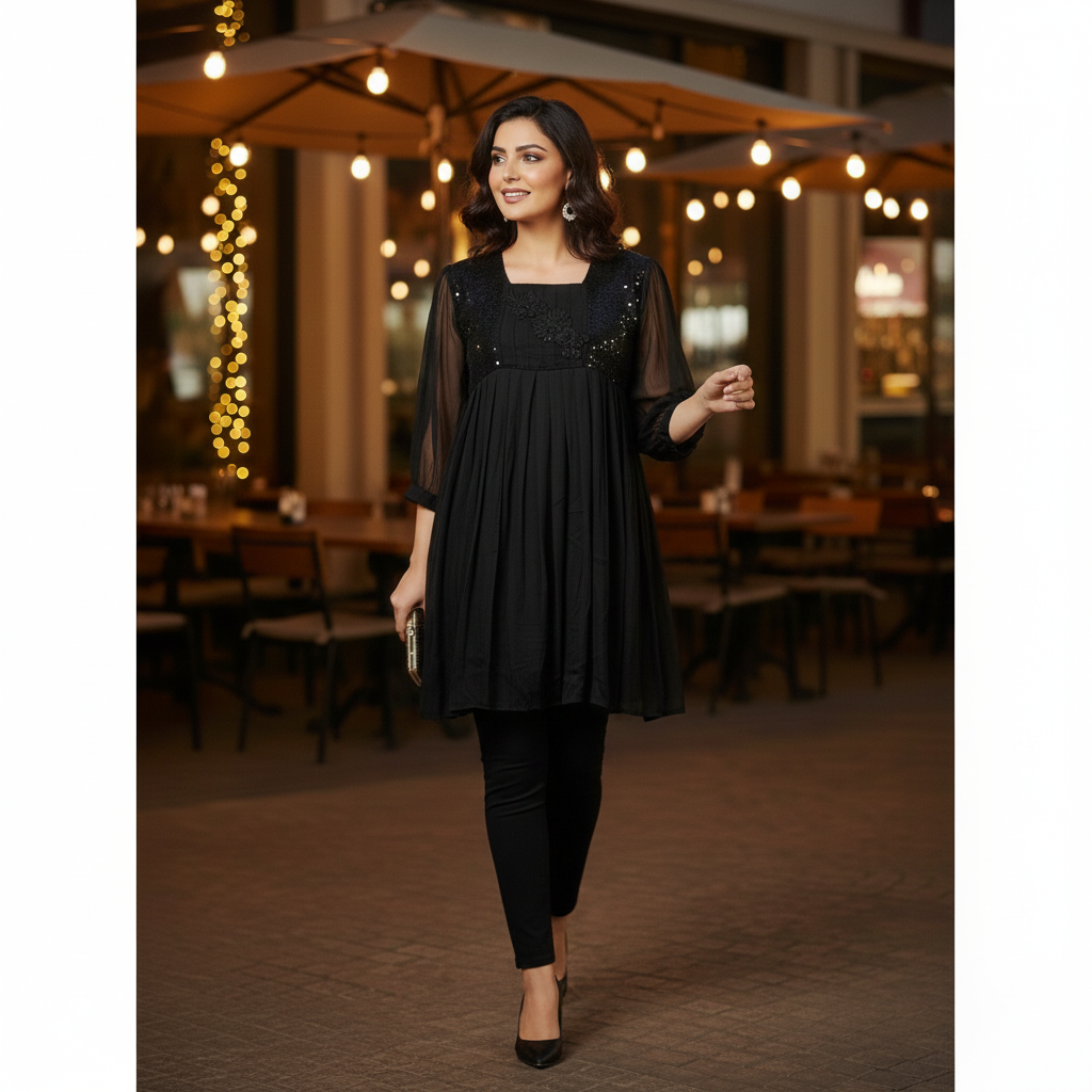 MIDNIGHT BLOOM TUNIC SEQUINING KURTA SET 2PIECE