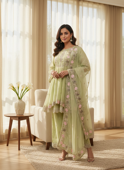 ZARRAH |3-PIECE CHIFFON EMBROIDERED FROCK MMG-917