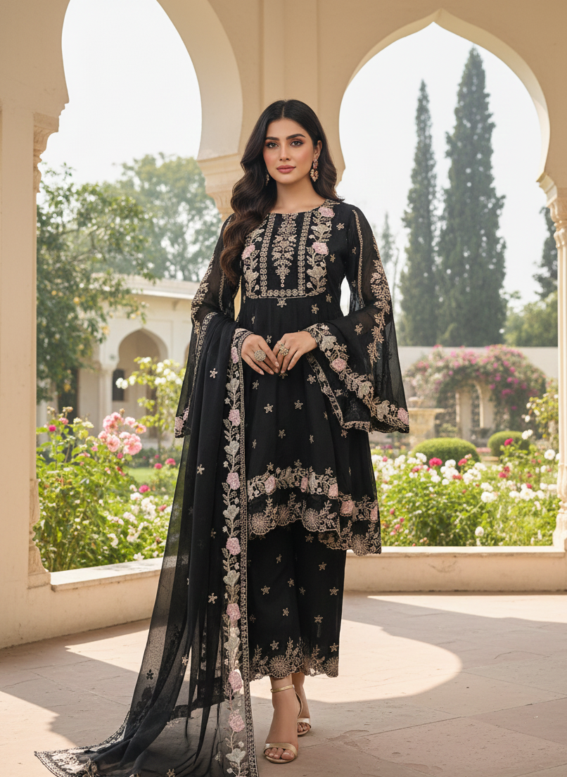 ZARRAH |3-PIECE CHIFFON EMBROIDERED FROCK MMG-917