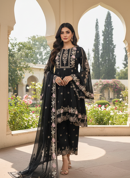 ZARRAH |3-PIECE CHIFFON EMBROIDERED FROCK MMG-917