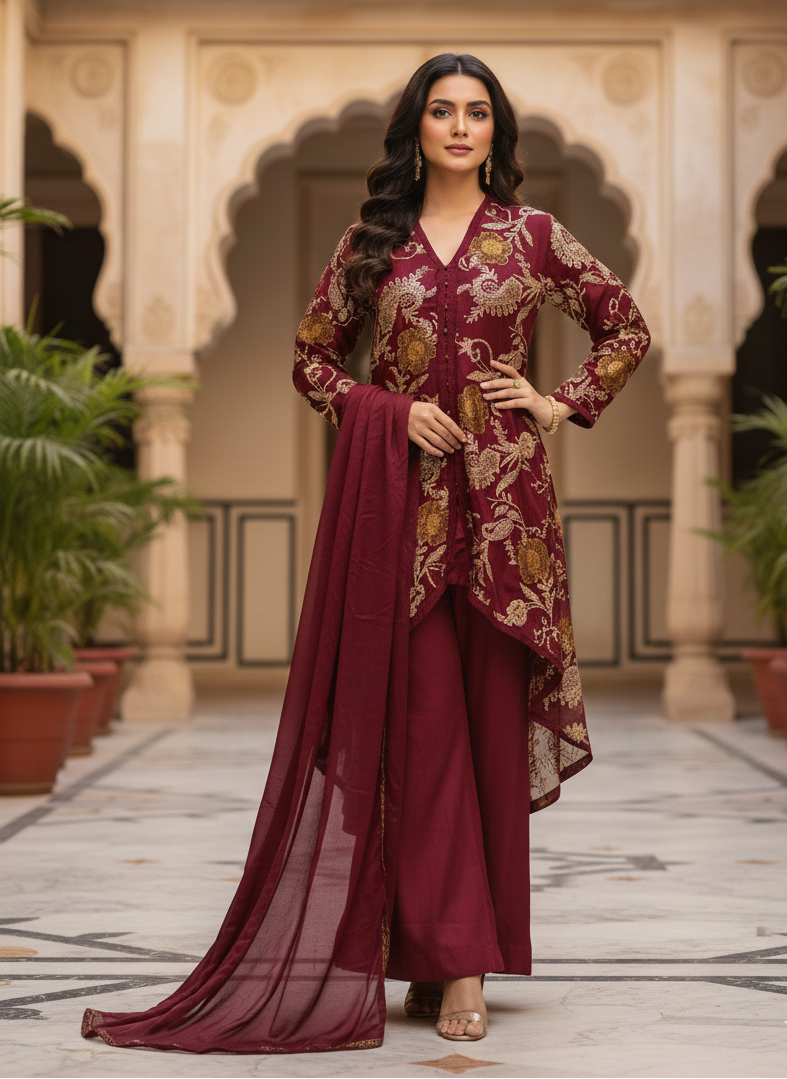 INDO-WESTERN EMBROIDERED 4-PIECE KURTA SET MMG-870