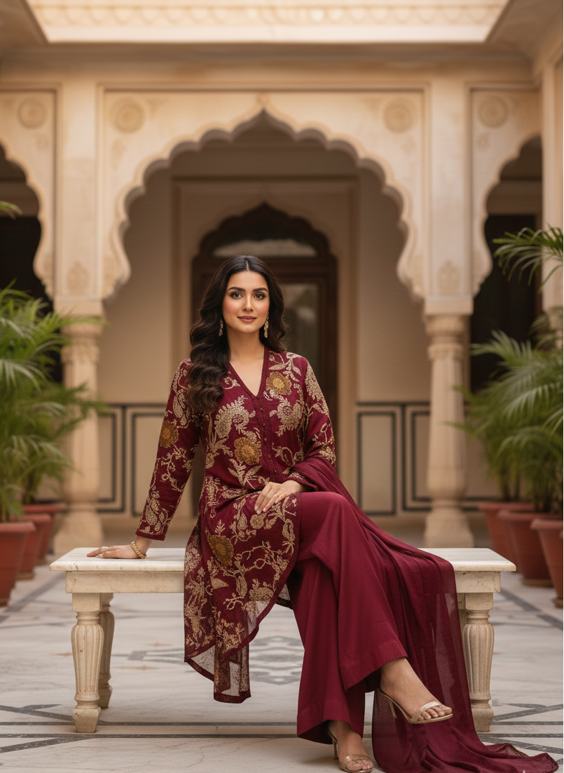 INDO-WESTERN EMBROIDERED 4-PIECE KURTA SET MMG-870