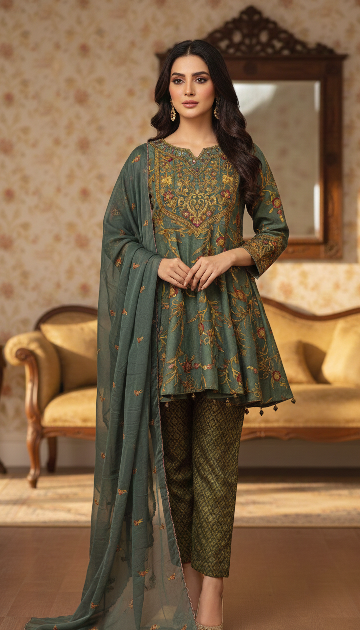 SILK TISSUE EMB FROCK SET MMG-873