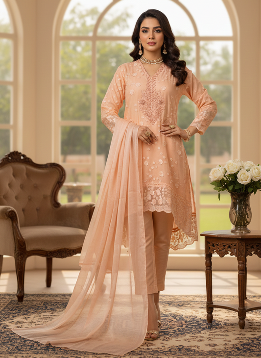 ADAAH 3D CHIFFON SILK EMB BACKTAIL FROCK PEACH ORANGE MMG-837