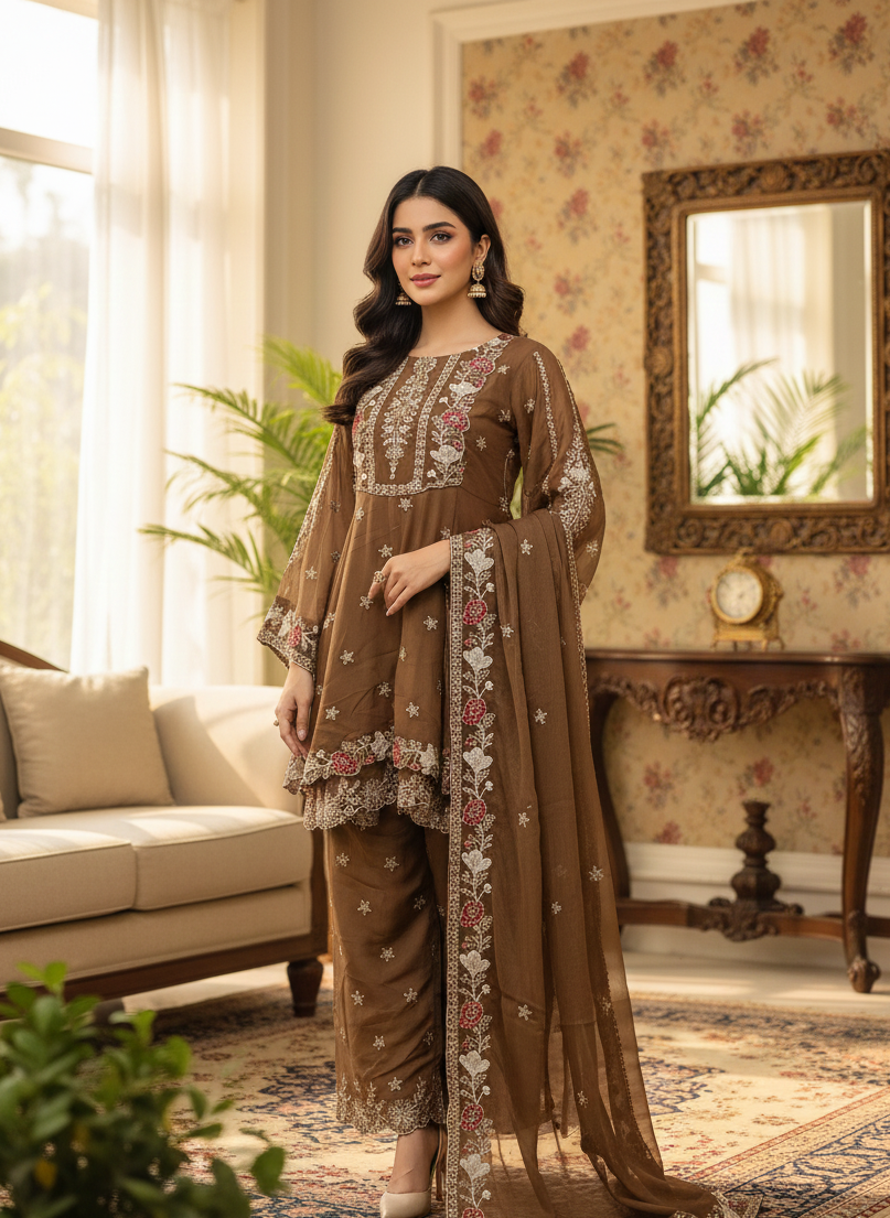 ZARRAH |3-PIECE CHIFFON EMBROIDERED FROCK MMG-917