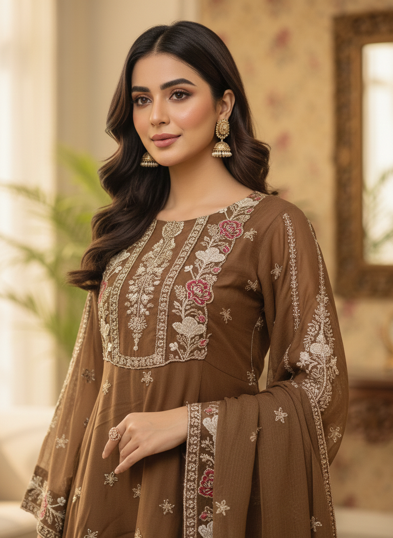 ZARRAH |3-PIECE CHIFFON EMBROIDERED FROCK MMG-917