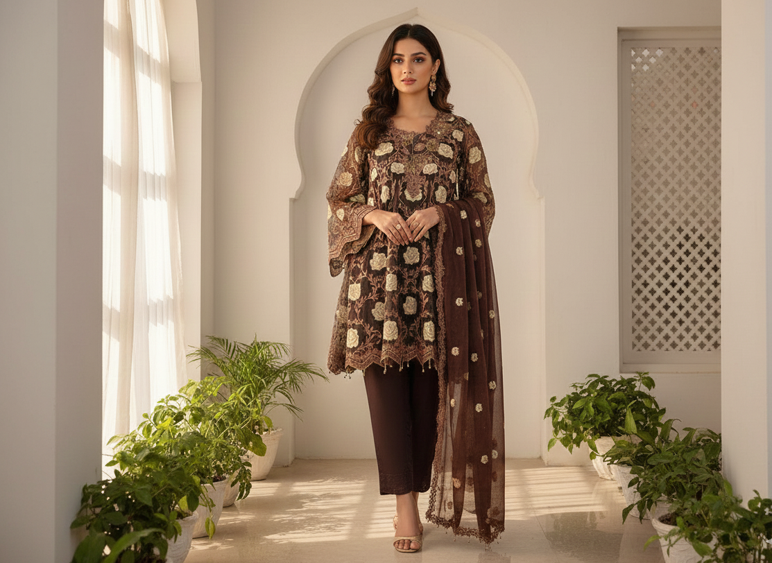 PHOOL MAHAL|3-PIECE FLORAL EMBROIDERED FROCK MMG-830