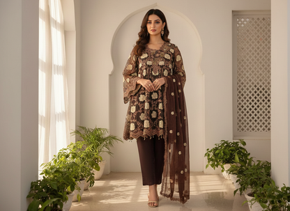 PHOOL MAHAL|3-PIECE FLORAL EMBROIDERED FROCK MMG-830