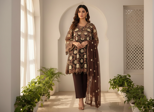 PHOOL MAHAL|3-PIECE FLORAL EMBROIDERED FROCK MMG-830