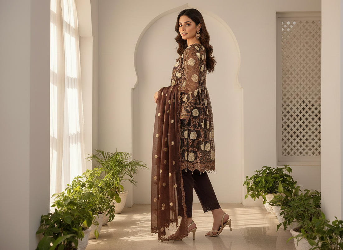 PHOOL MAHAL|3-PIECE FLORAL EMBROIDERED FROCK MMG-830