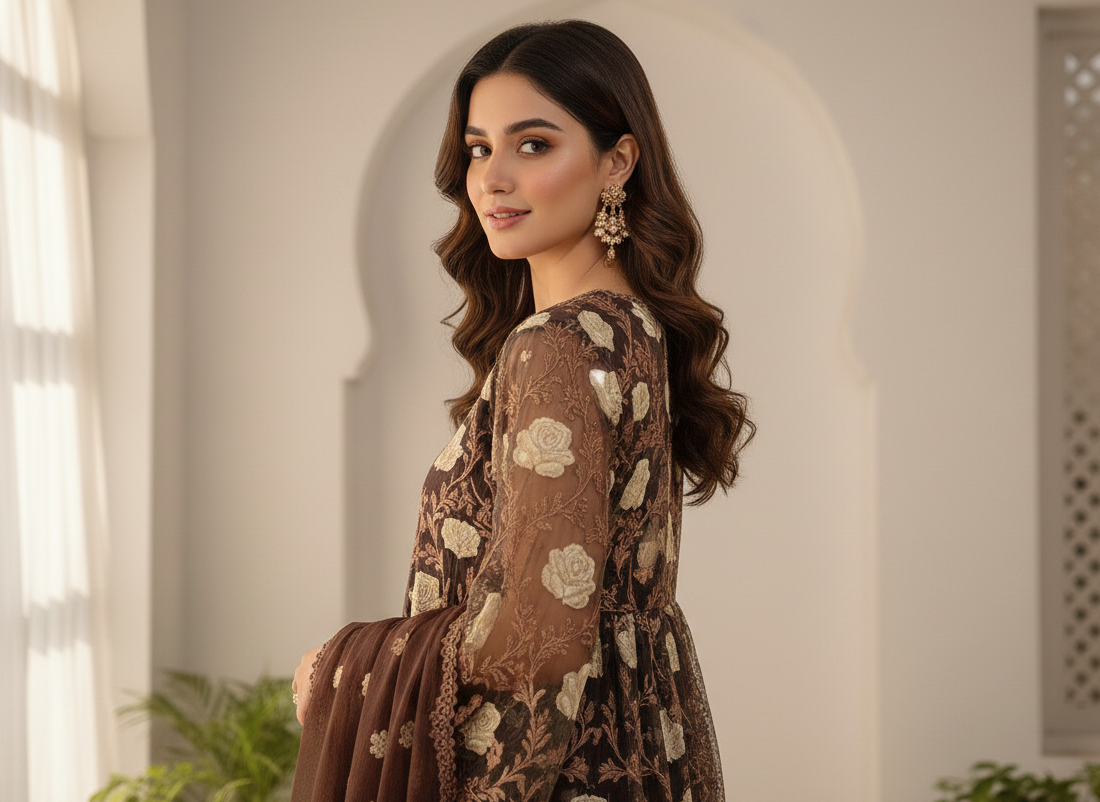 PHOOL MAHAL|3-PIECE FLORAL EMBROIDERED FROCK MMG-830