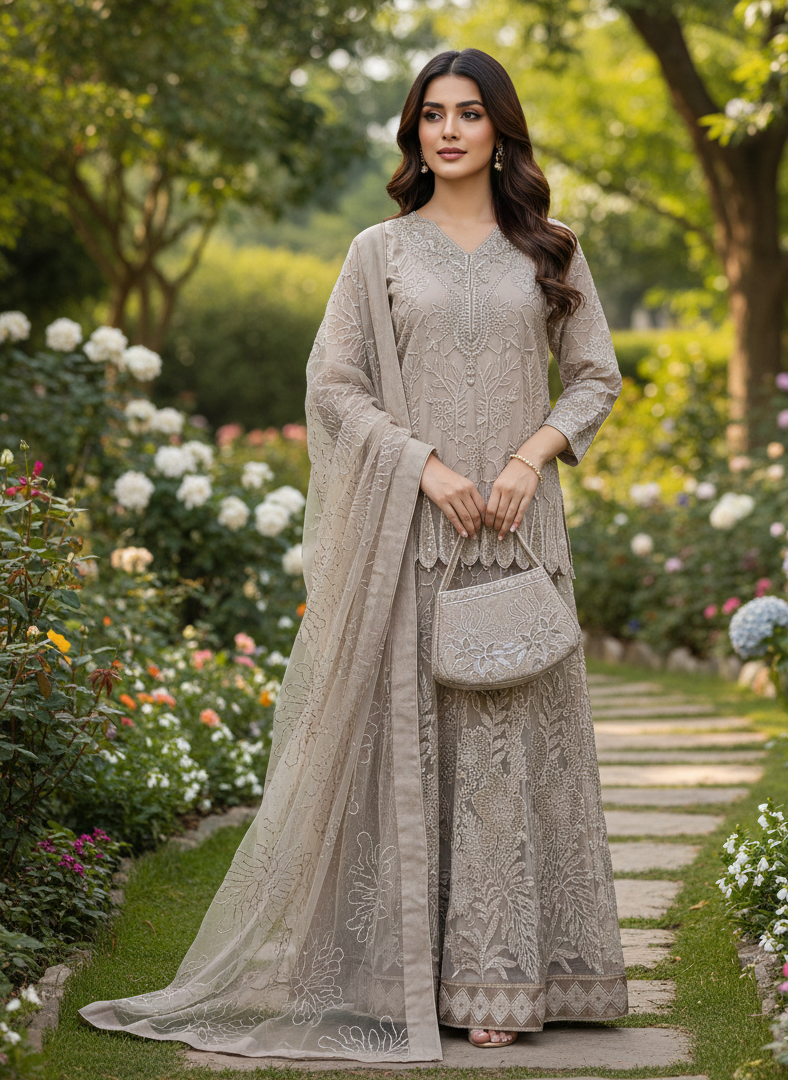 RANG-E-SAFAA|ORGANZA LEHNGA CHOLI|EMROIDERED NET DUPATTA |MMG-836