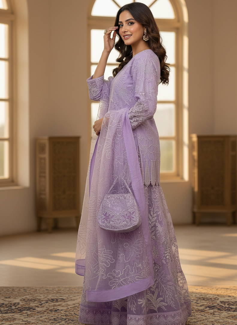 RANG-E-SAFAA|ORGANZA LEHNGA CHOLI|EMROIDERED NET DUPATTA |MMG-836
