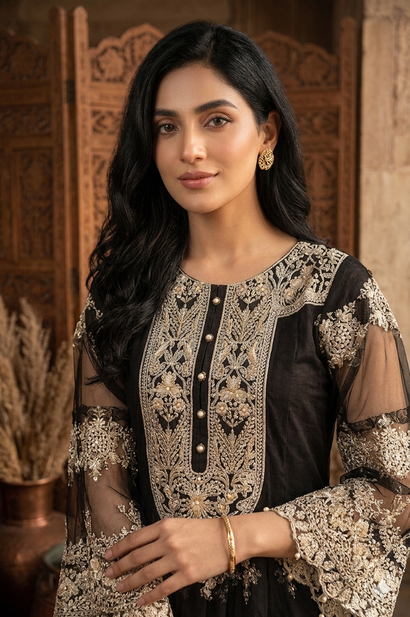 BLACK PEARL ENSEMBLE-NET EMB FROCK SET MMG-02