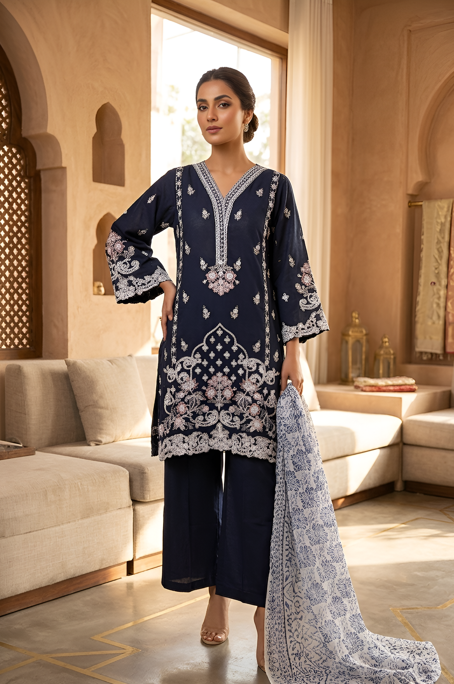 Model wearing a women's navy blue embroidered cotton kurta set with matching bottoms