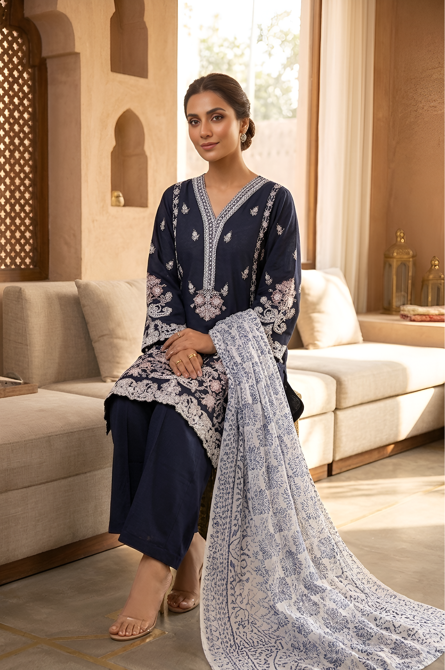 Model wearing a women's navy blue embroidered cotton kurta set with matching bottoms