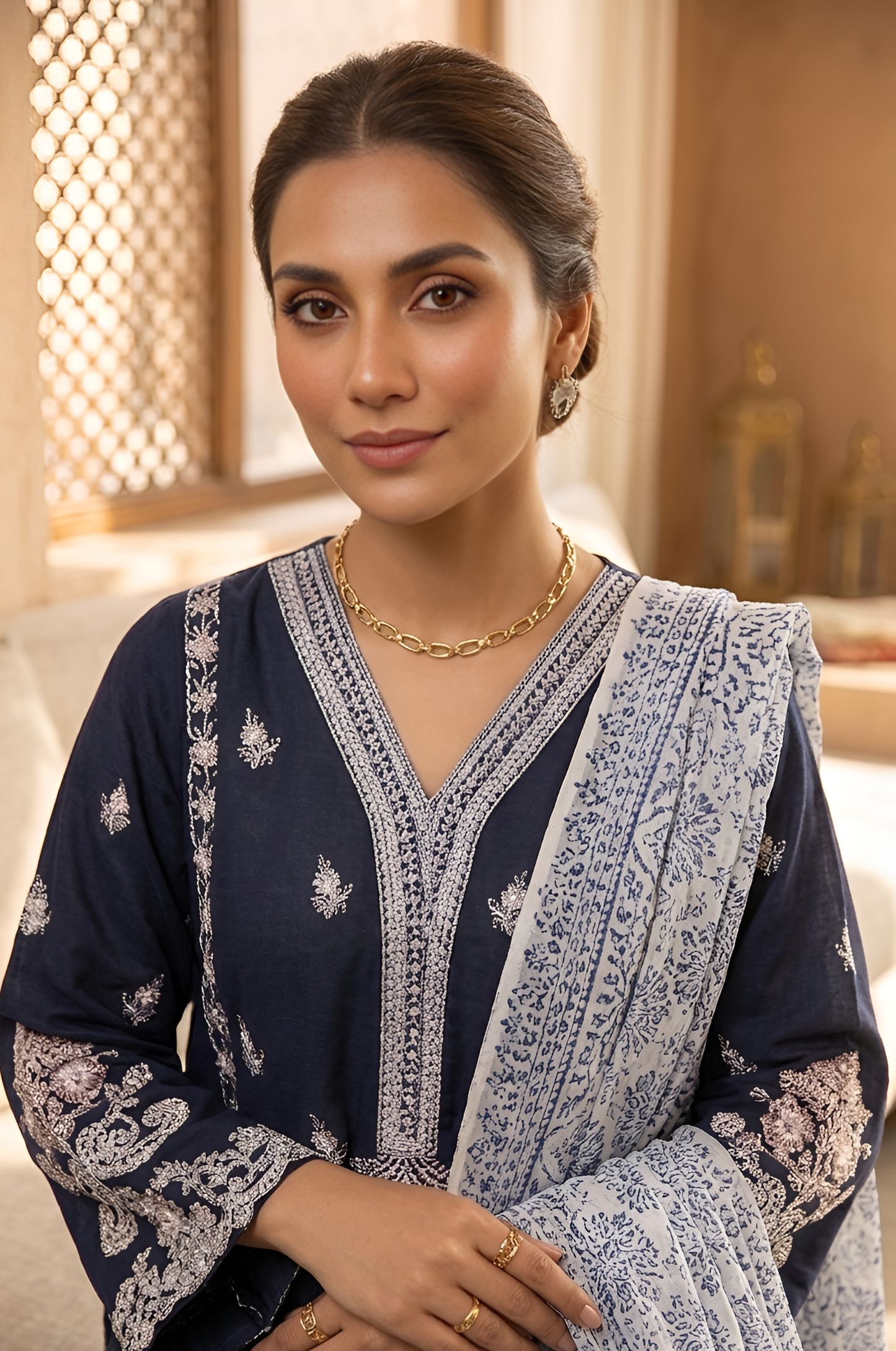 Close-up of intricate embroidery on a women's navy blue cotton kurta