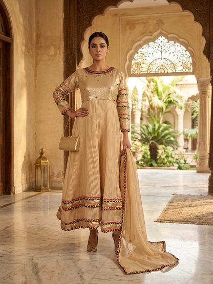 Gold Masuri maxi with handmade embellished neckline and Sitara work
