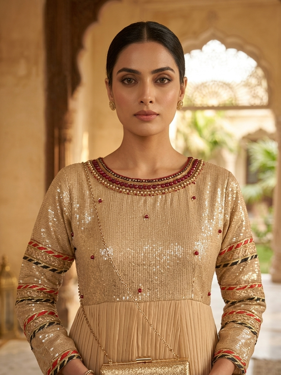 Gold Masuri maxi featuring intricate Sitara work