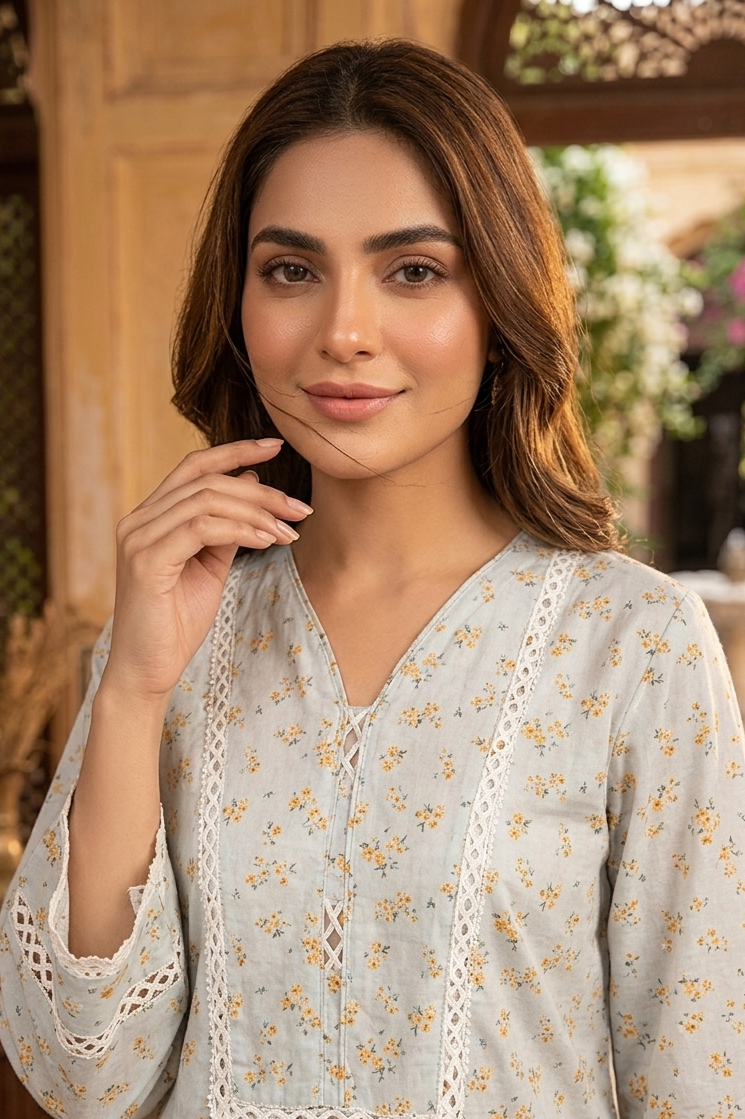 Serene Petals digital printed lawn 3-piece suit with tassel neck, lace-work daman, matching lawn trouser, and chiffon printed dupatta.
