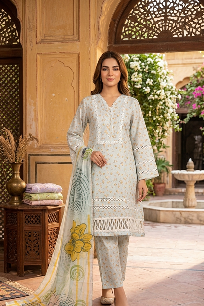 Serene Petals digital printed lawn 3-piece suit with tassel neck, lace-work daman, matching lawn trouser, and chiffon printed dupatta.