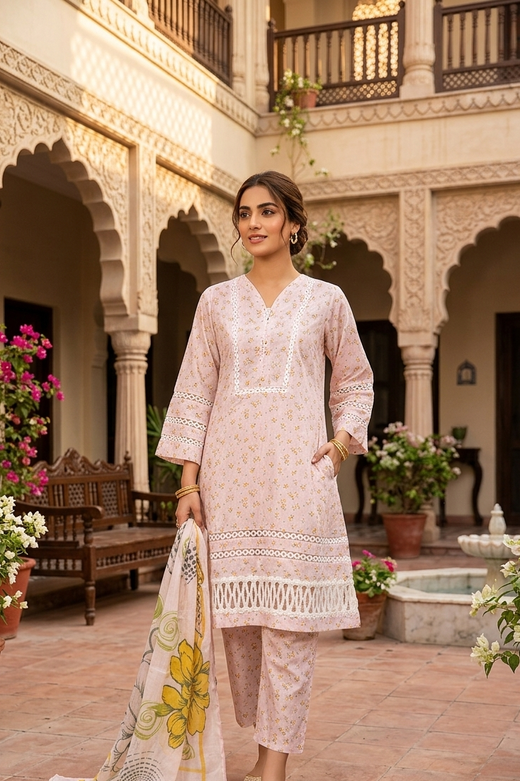 Serene Petals digital printed lawn 3-piece suit with tassel neck, lace-work daman, matching lawn trouser, and chiffon printed dupatta.