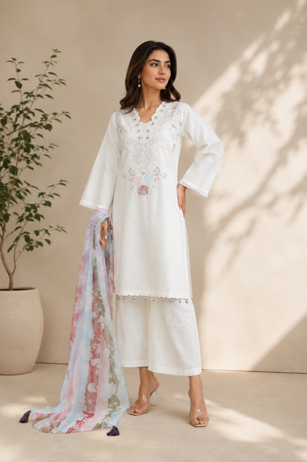 WHITE BEAUTY-SELF COTTON KURTA SET MMG-1295