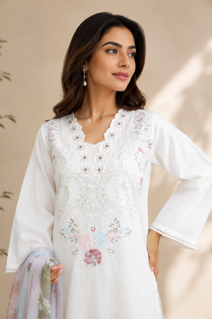 WHITE BEAUTY-SELF COTTON KURTA SET MMG-1295