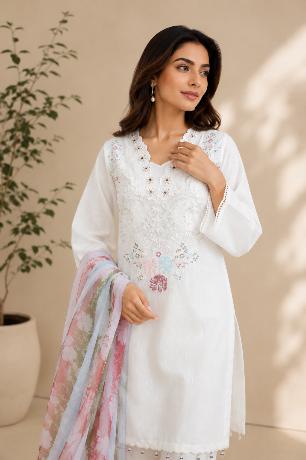 WHITE BEAUTY-SELF COTTON KURTA SET MMG-1295