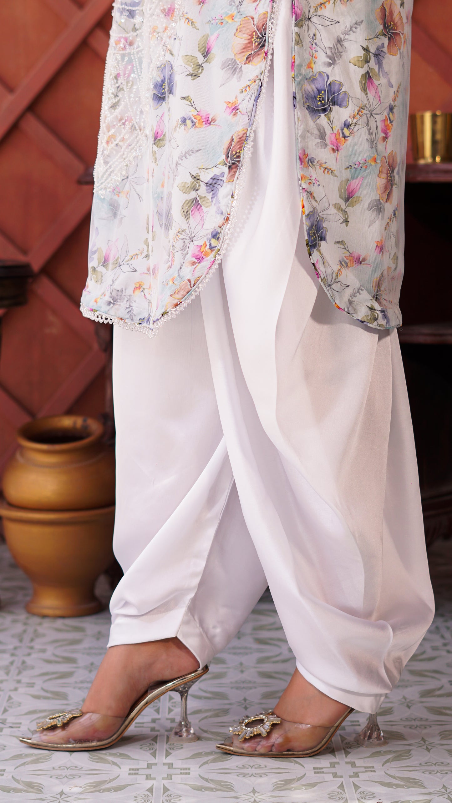 Mahroze Kurta Set featuring a digitally printed Crepe Net Kurta with handmade embellishment, Patiala Silk Shalwar, and Printed Silk Dupatta.
