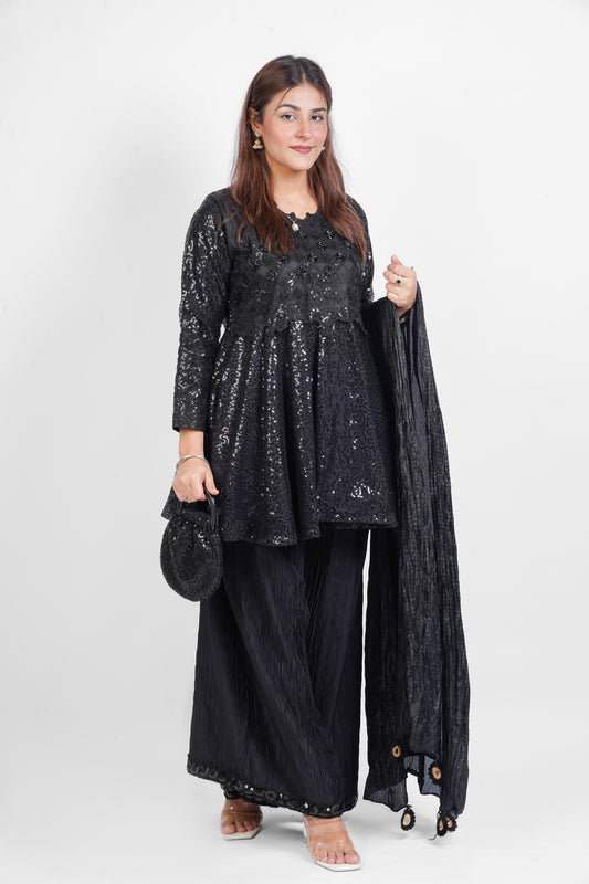 DARK DESIRE |NET D-FROCK SEQUENCE HAND WORK WITH EMBROIDERED NECK |CRUSH PLAZO |CHUNDRI DUPATTA|DESIGNER HAND POUCH MMG-862