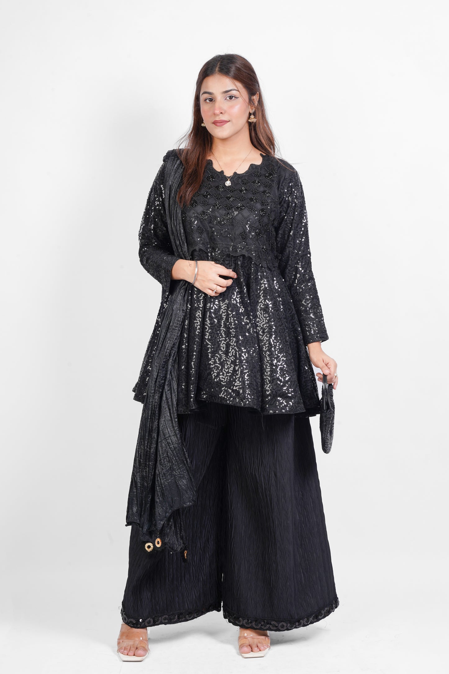 DARK DESIRE |NET D-FROCK SEQUENCE HAND WORK WITH EMBROIDERED NECK |CRUSH PLAZO |CHUNDRI DUPATTA|DESIGNER HAND POUCH MMG-862