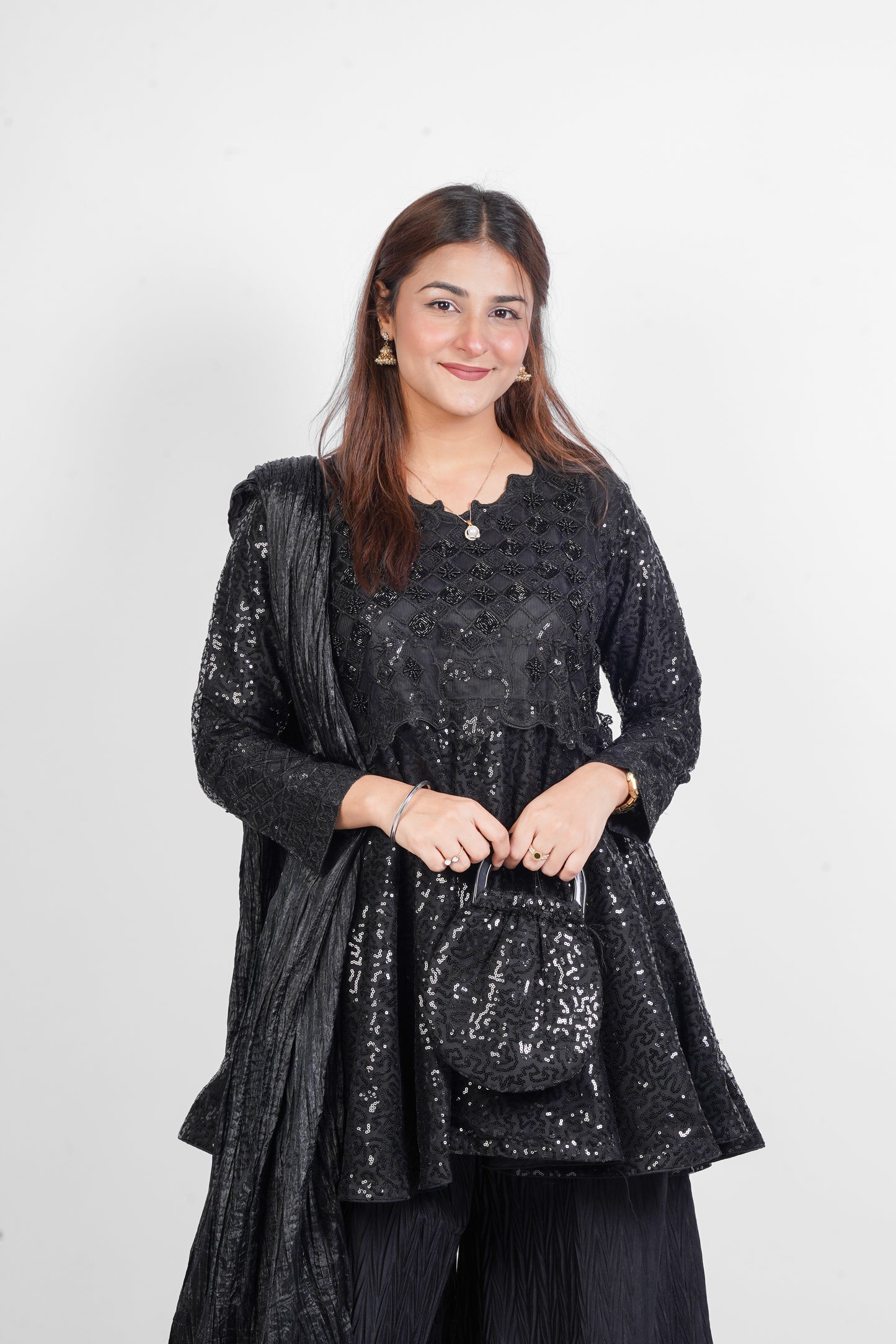DARK DESIRE |NET D-FROCK SEQUENCE HAND WORK WITH EMBROIDERED NECK |CRUSH PLAZO |CHUNDRI DUPATTA|DESIGNER HAND POUCH MMG-862