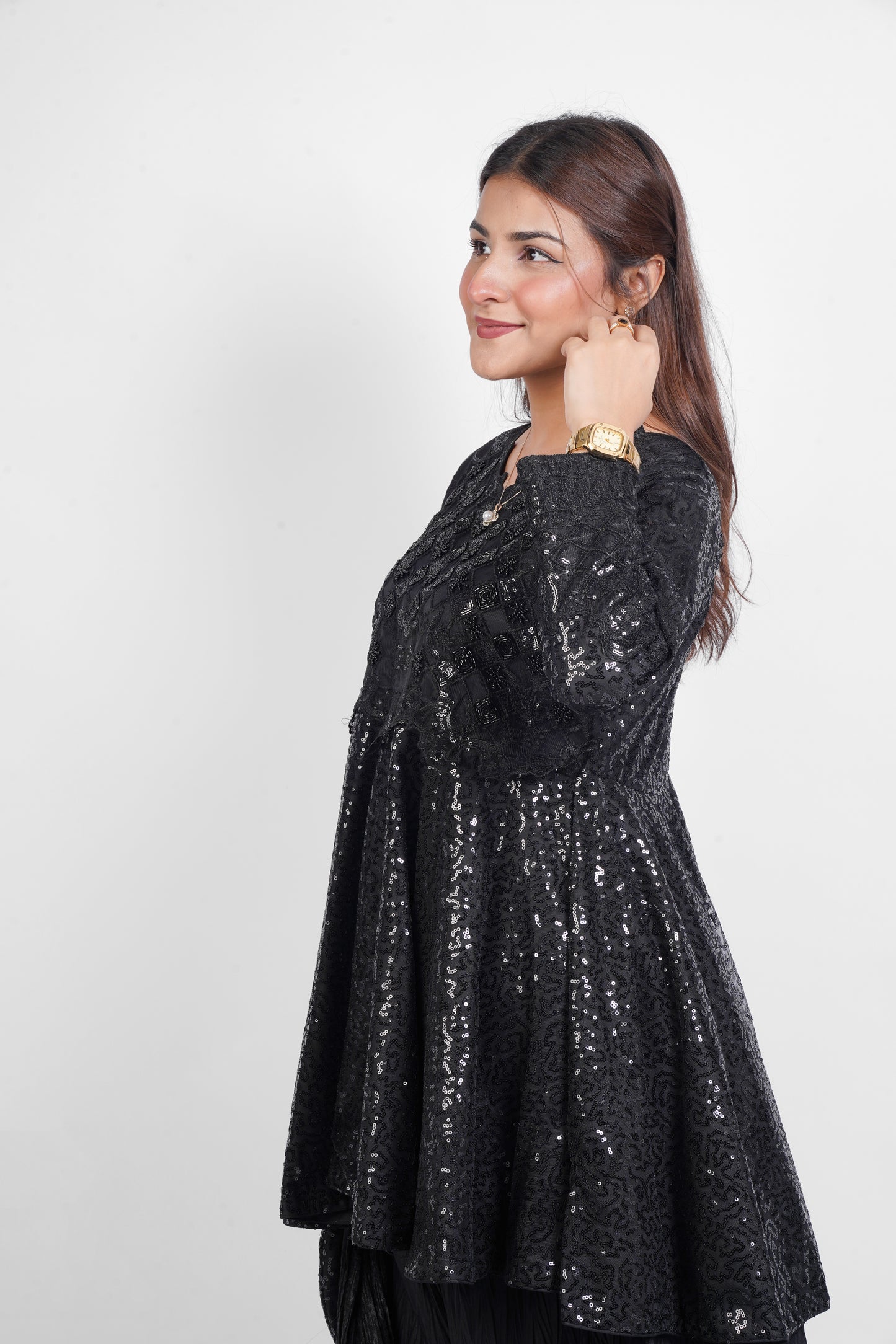 DARK DESIRE |NET D-FROCK SEQUENCE HAND WORK WITH EMBROIDERED NECK |CRUSH PLAZO |CHUNDRI DUPATTA|DESIGNER HAND POUCH MMG-862