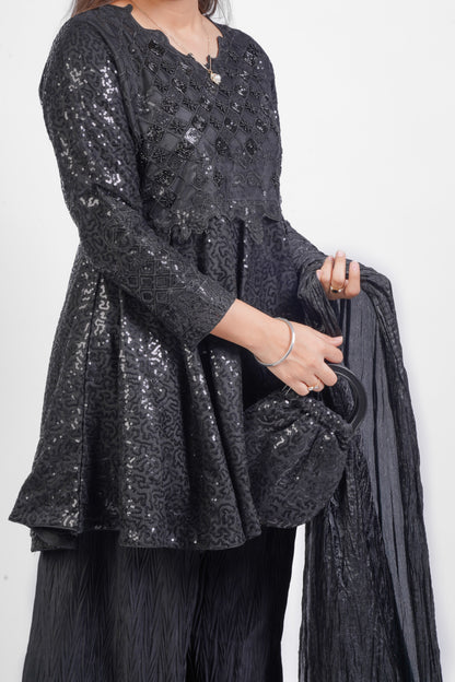 DARK DESIRE |NET D-FROCK SEQUENCE HAND WORK WITH EMBROIDERED NECK |CRUSH PLAZO |CHUNDRI DUPATTA|DESIGNER HAND POUCH MMG-862