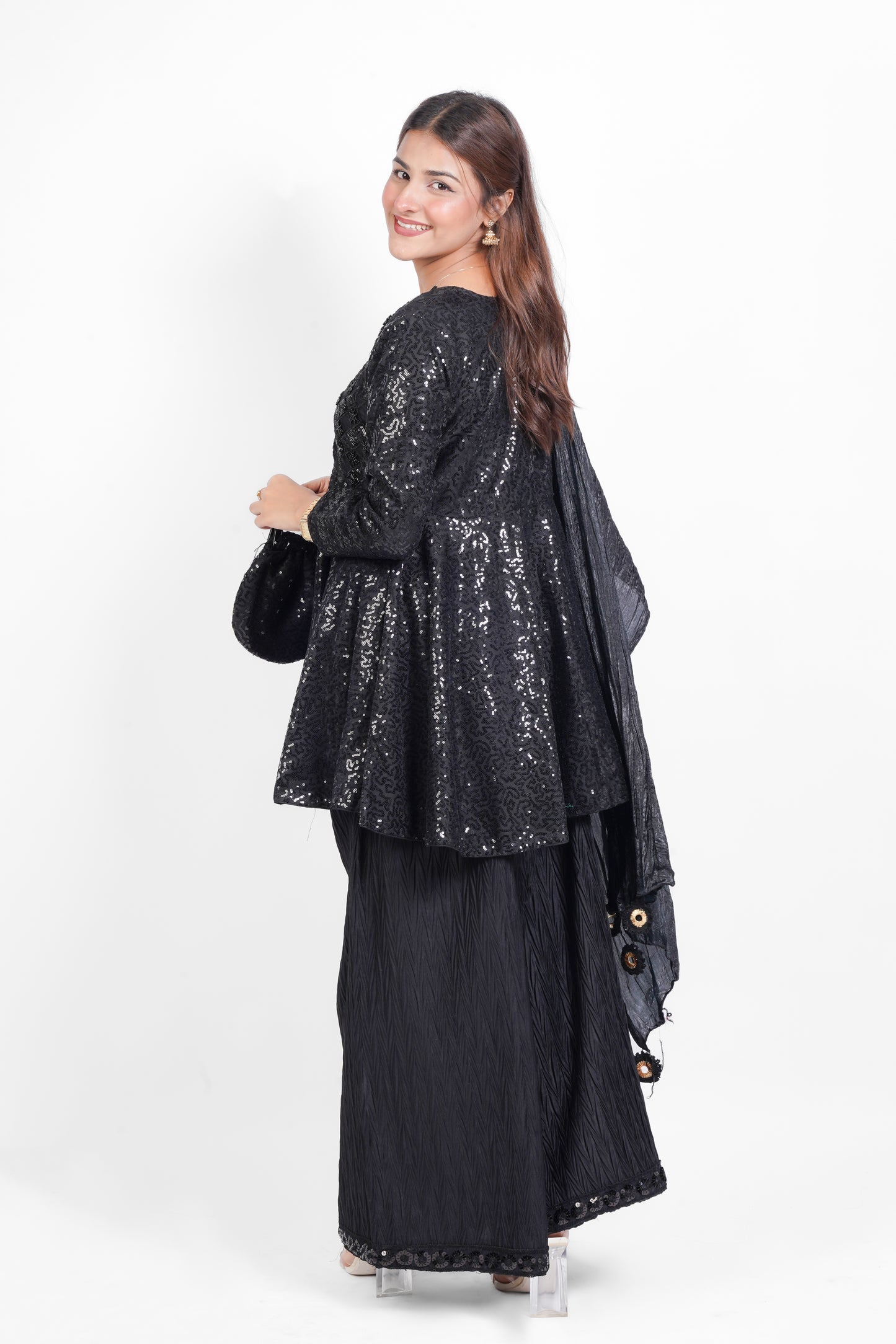 DARK DESIRE |NET D-FROCK SEQUENCE HAND WORK WITH EMBROIDERED NECK |CRUSH PLAZO |CHUNDRI DUPATTA|DESIGNER HAND POUCH MMG-862