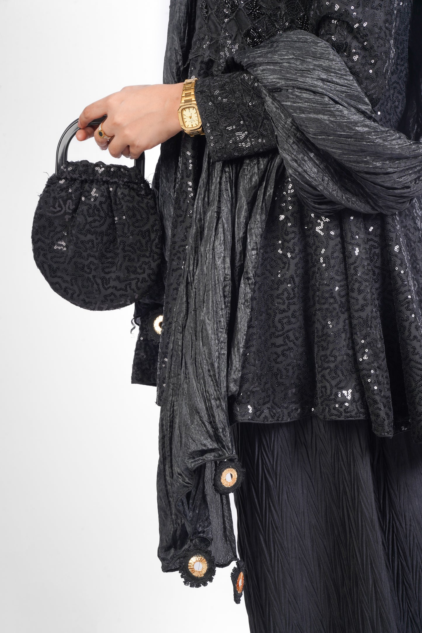 DARK DESIRE |NET D-FROCK SEQUENCE HAND WORK WITH EMBROIDERED NECK |CRUSH PLAZO |CHUNDRI DUPATTA|DESIGNER HAND POUCH MMG-862